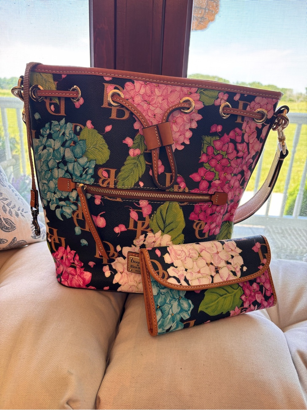 Dooney & Bourke Black Floral Hydrangea Bucket Bag with Matching Wallet